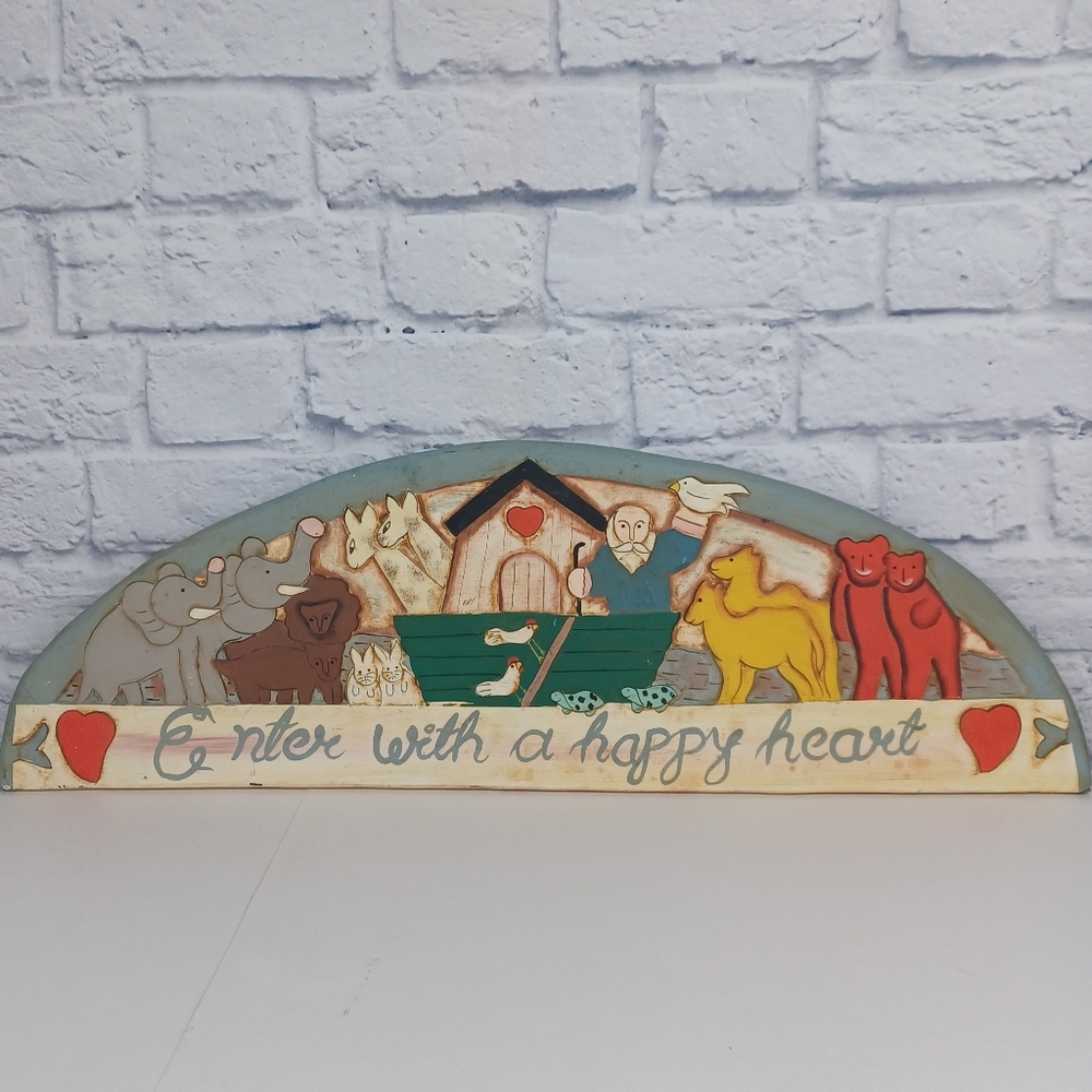Noah's Ark Carved Wood Wall Plaque Folk Art Enter With A Happy Heart
